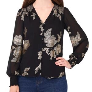 Sam & Jess Metallic Floral Smocked Button Front Blouse Black Gold